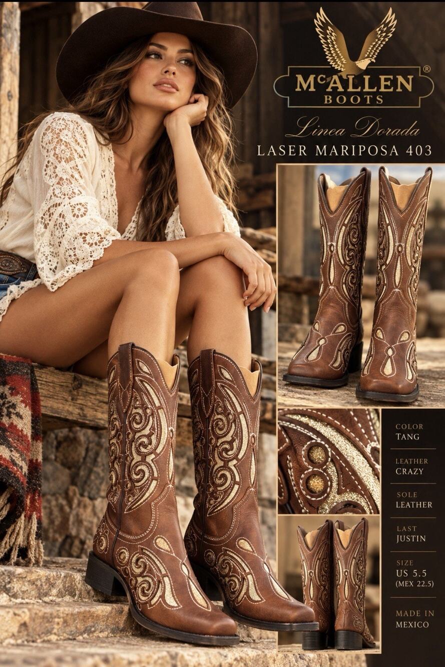McAllen Laser Mariposa 403 Cowboy Boots Women 5.5 Brown Gold Leather NIB